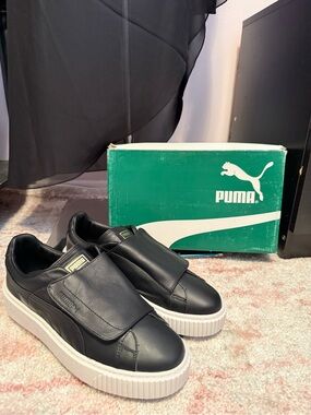 Puma Black Leather Slip-On Sneakers with White Platform Sole